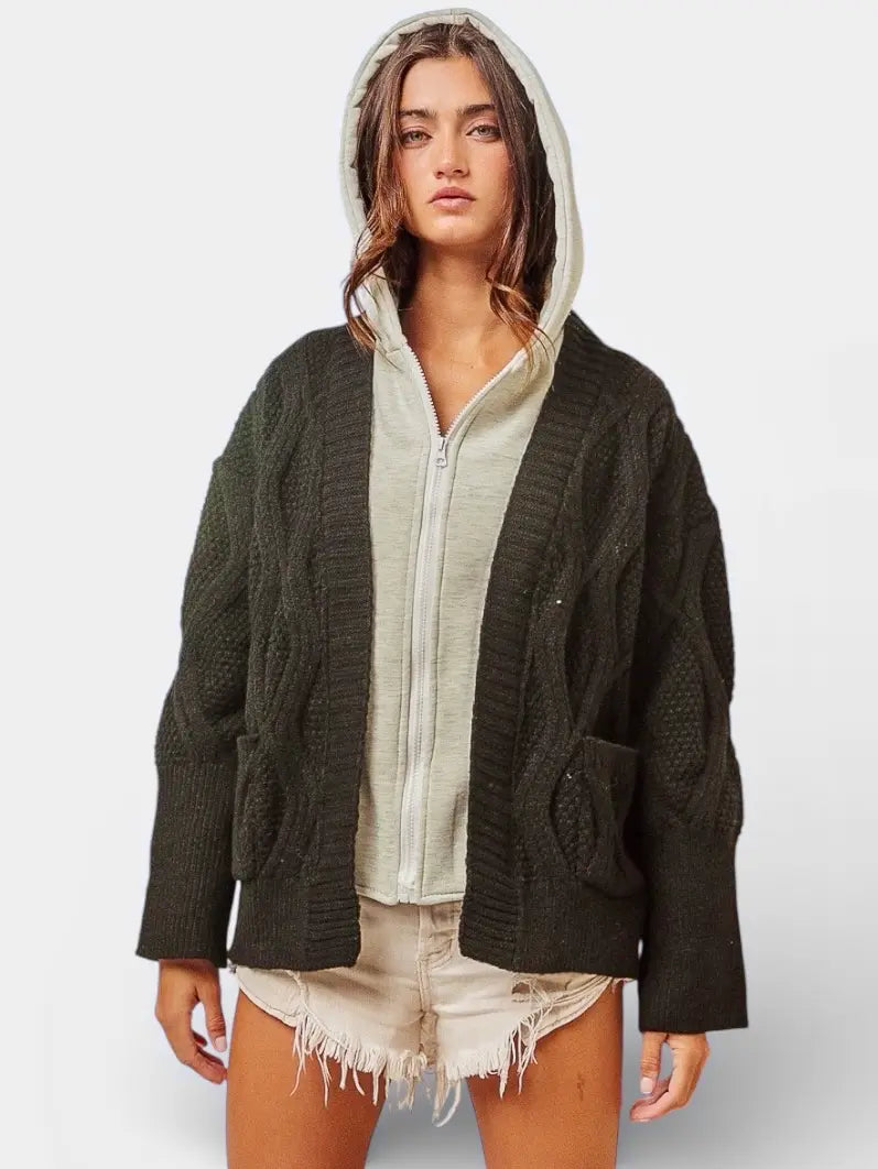 Dark green BiBi Knit Hoodie Rhombus Sweater Jacket with cable-knit hood and pockets