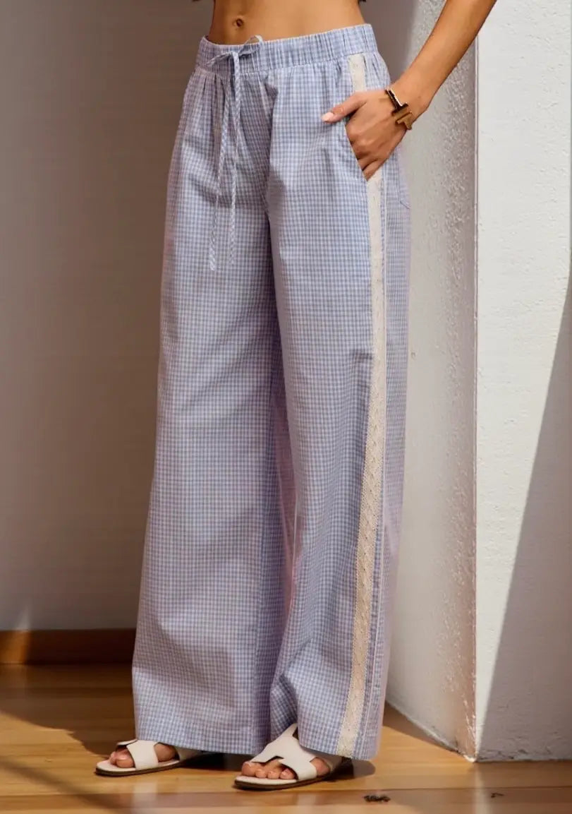 SO ME Wide Check  Pants With Side Lace Trim And Piping
