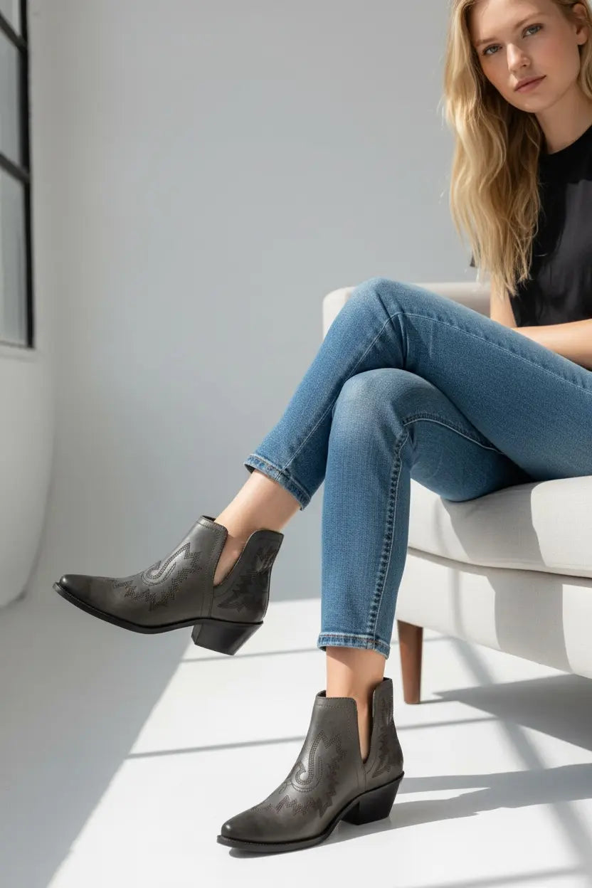 Women’s Black Leather Western Ankle Booties