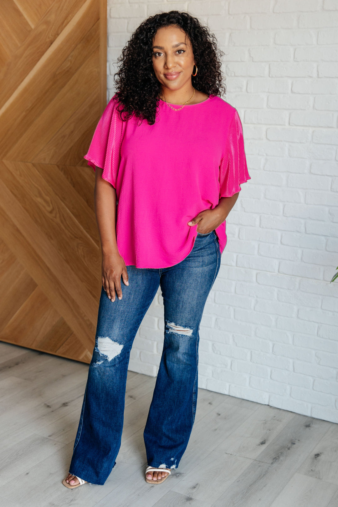 Pink and Perfect Ruffle Sleeve Top Tops