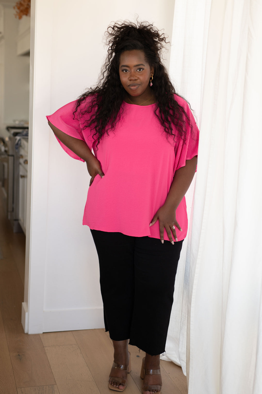 Pink and Perfect Ruffle Sleeve Top Tops