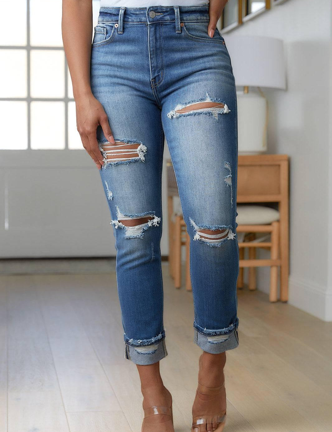 Plus Size Distressed High Waisted Straight Jeans Jeans