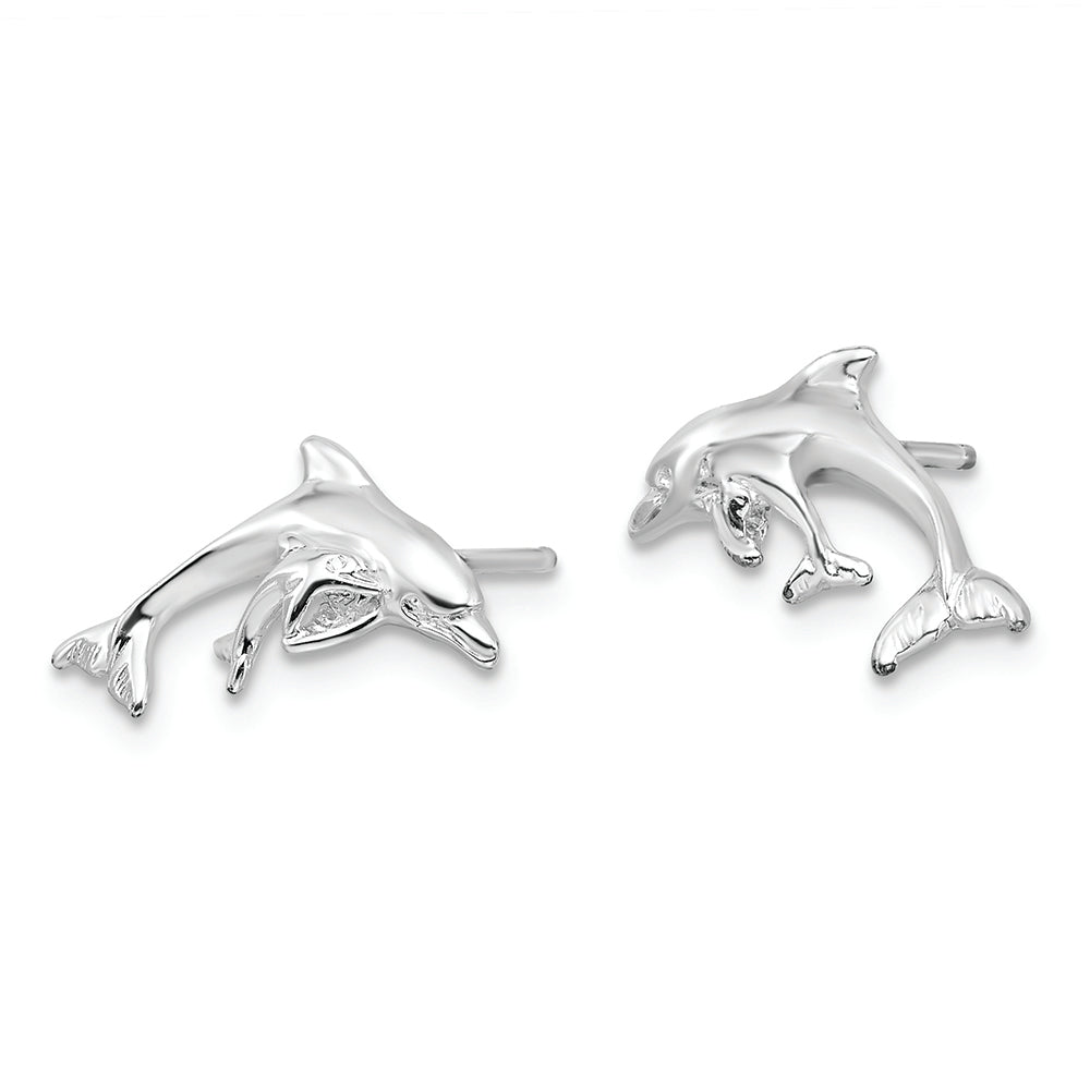 Sterling Silver Rhodium-plated Polished Dolphin and Baby Post Earrings Earrings