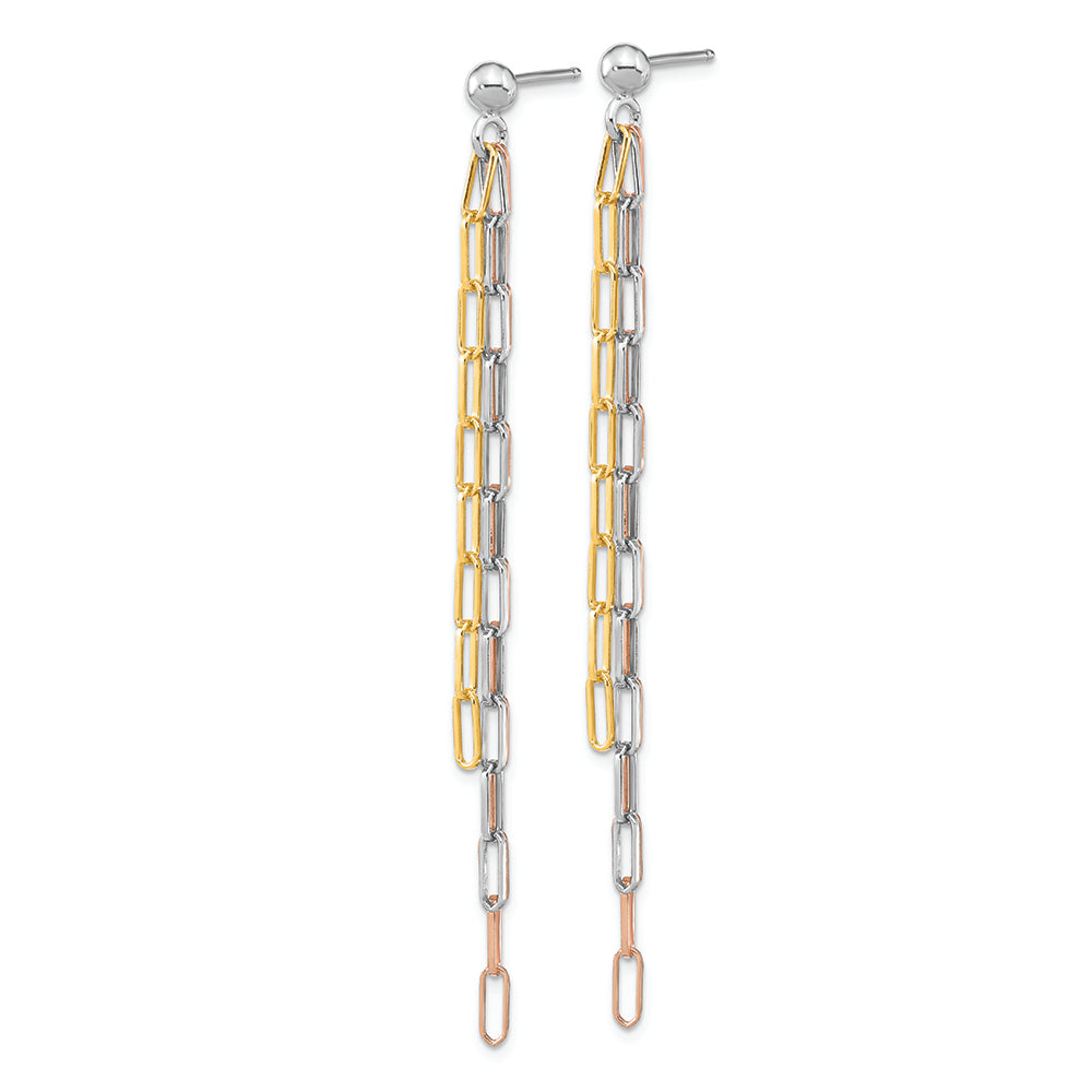 Sterling Silver RH-plate Rose & Yellow-tone Paperclip Link 3-strand Earri Earrings