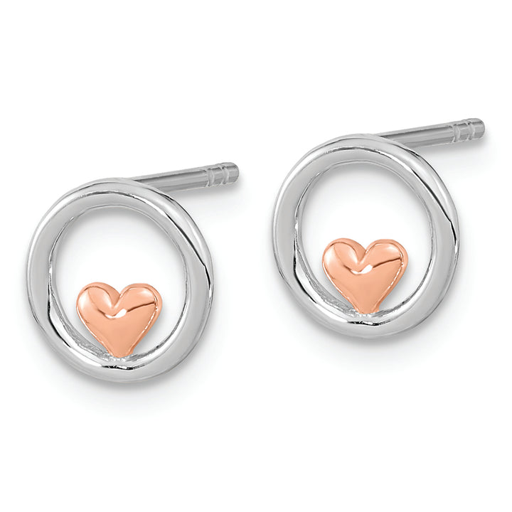 Sterling Silver RH-plated & Rose Gold-plated Circle w/Heart Post Earrings Earrings