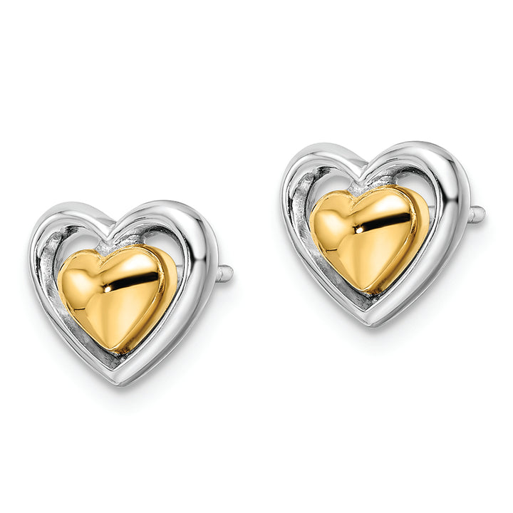 Sterling Silver RH-plated & Gold-plated Heart Post Earrings Earrings