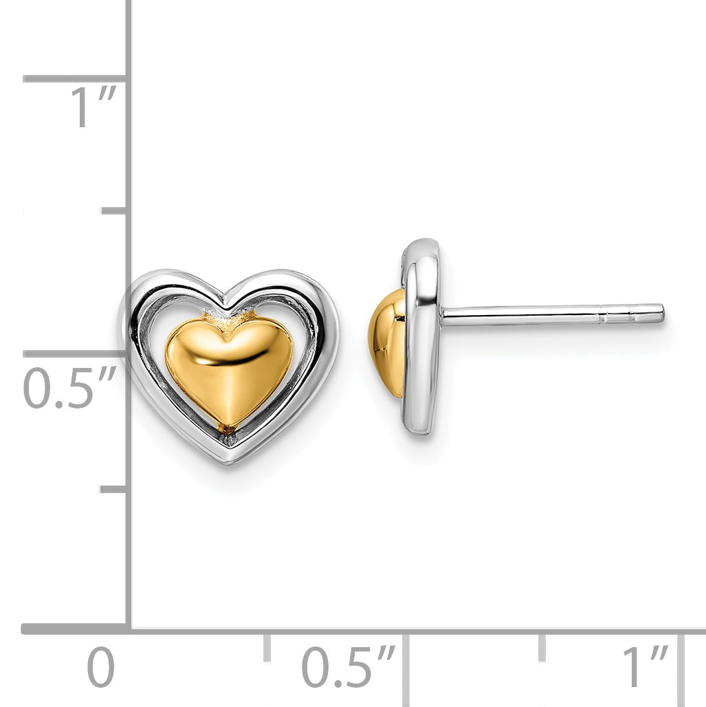 Sterling Silver RH-plated & Gold-plated Heart Post Earrings Earrings