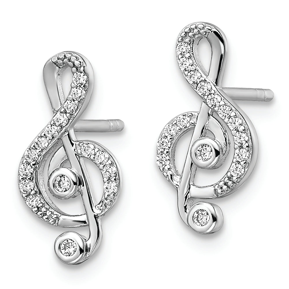 Sterling Silver Rhodium-plated CZ Treble Clef Post Earrings Earrings