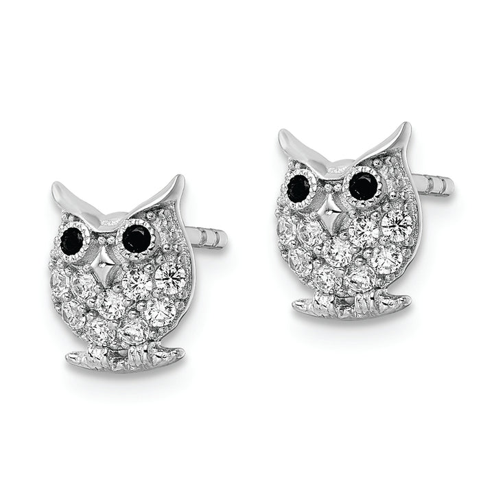 Sterling Silver Rhodium-plated Black & White CZ Owl Post Earrings Earrings