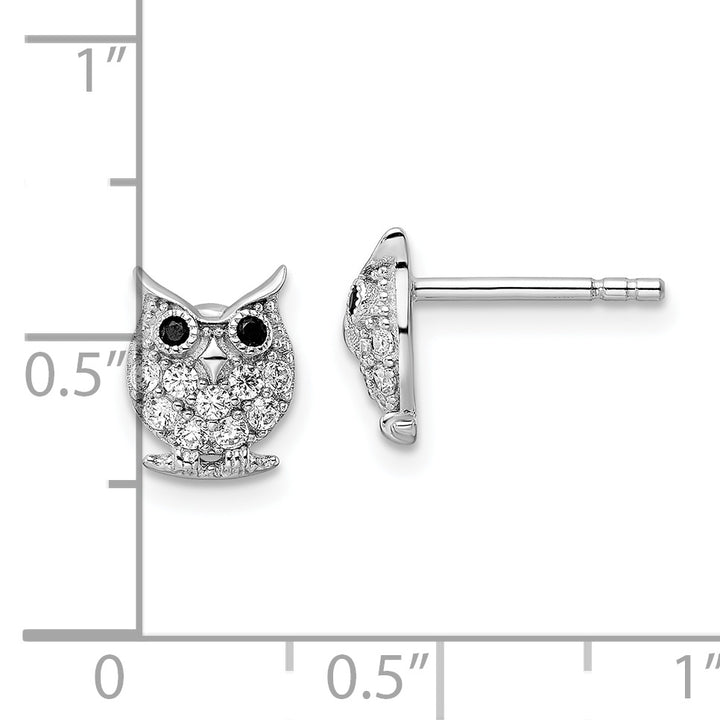 Sterling Silver Rhodium-plated Black & White CZ Owl Post Earrings Earrings