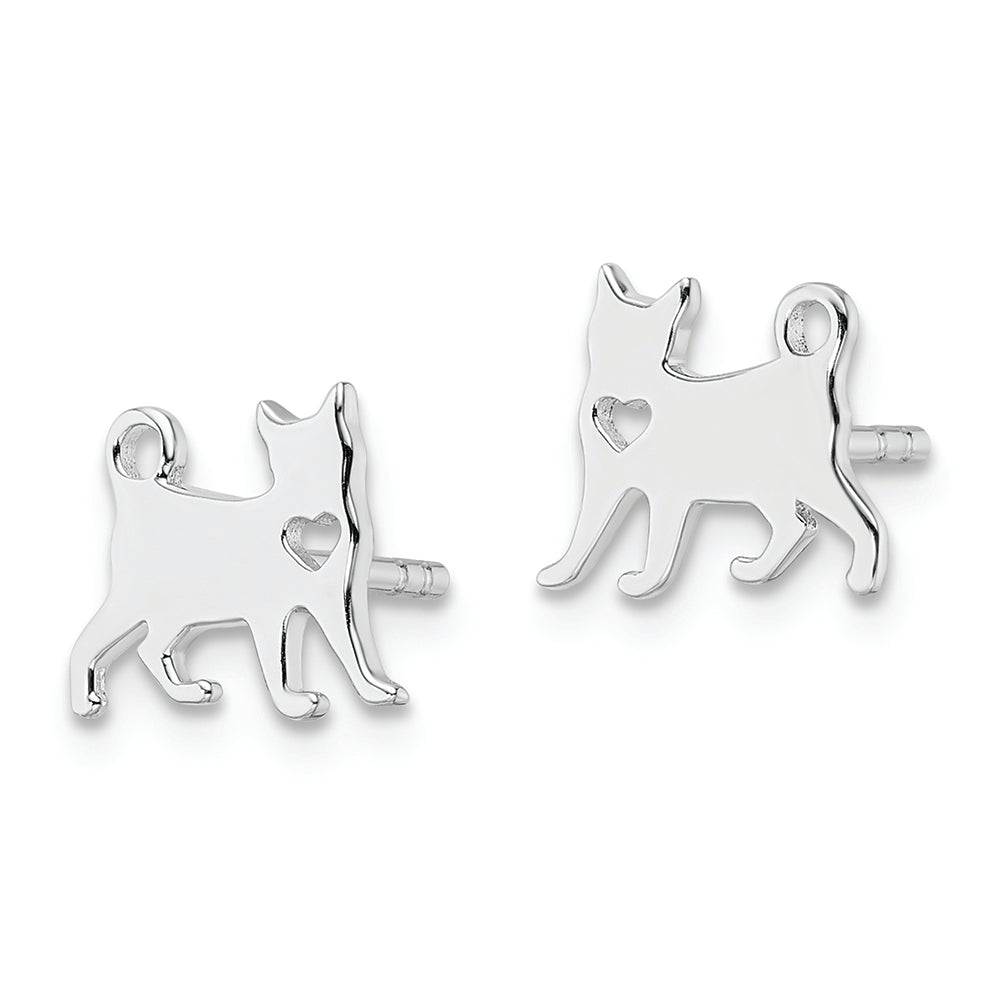 Sterling Silver Rhodium-plated Cat w/Heart Post Earrings Earrings