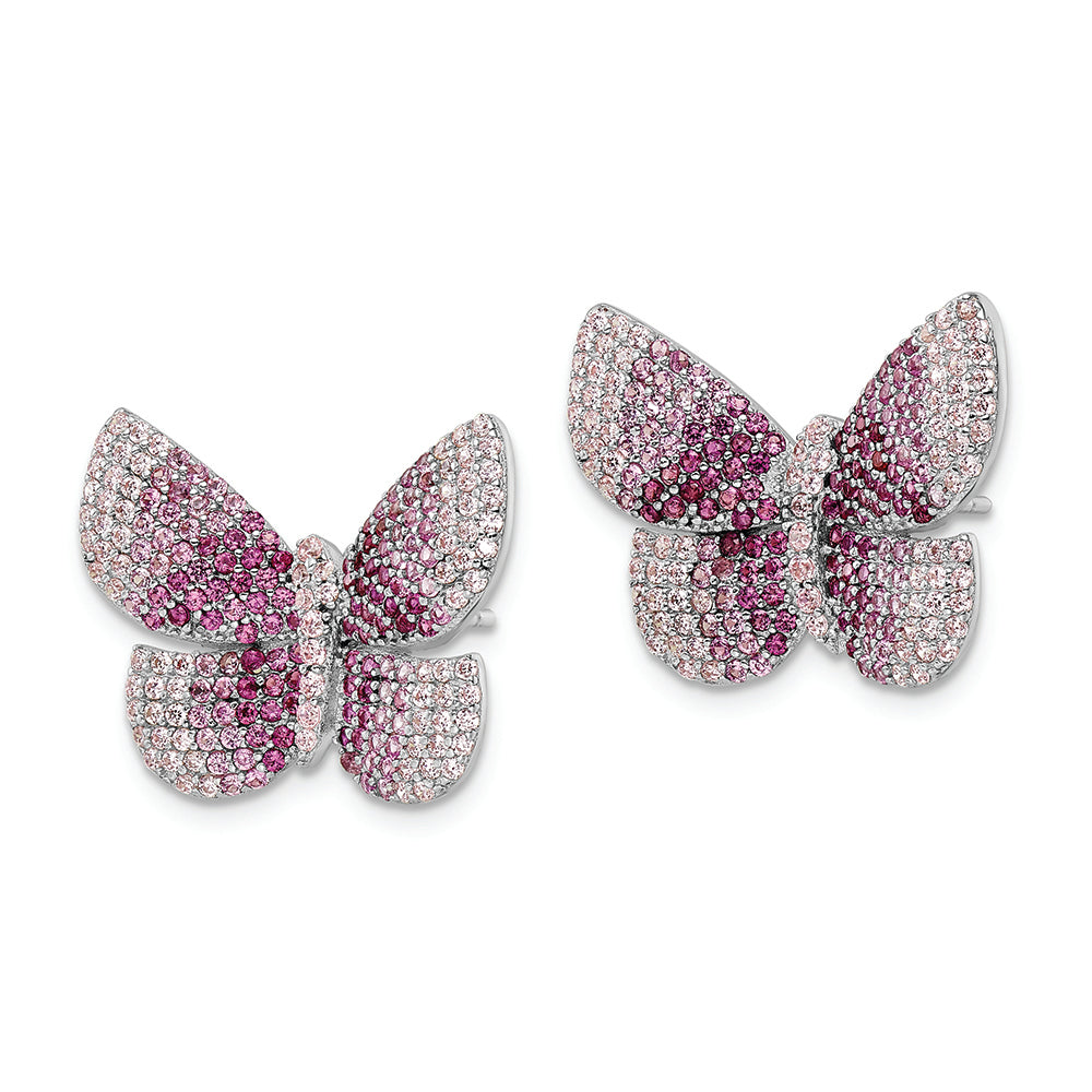 Sterling Silver Rhodium-plated Polished Pink CZ Butterfly Post Earrings Earrings