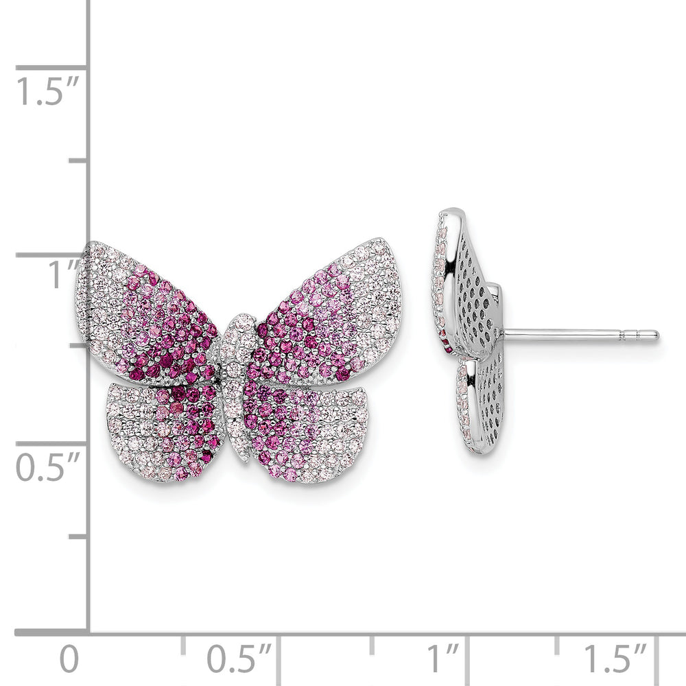 Sterling Silver Rhodium-plated Polished Pink CZ Butterfly Post Earrings Earrings