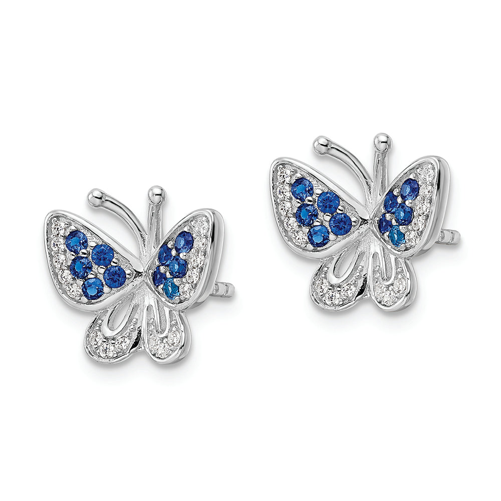 Sterling Silver Rhodium-plated Blue & White CZ Butterfly Post Earrings Earrings