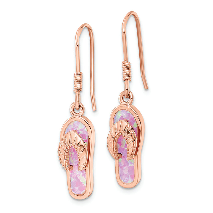 Sterling Silver Rose-tone Pink Created Opal Inlay Flip Flop Dangle Earrings Earrings