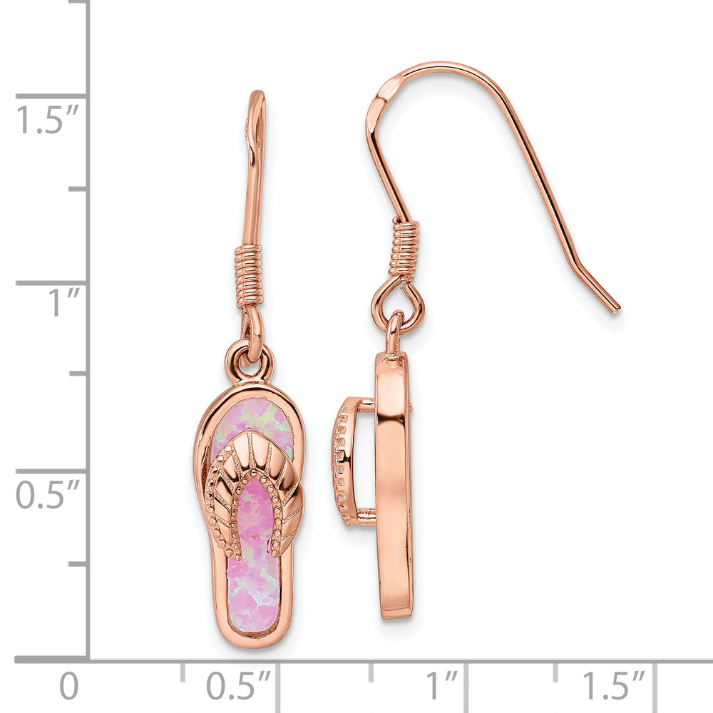 Sterling Silver Rose-tone Pink Created Opal Inlay Flip Flop Dangle Earrings Earrings