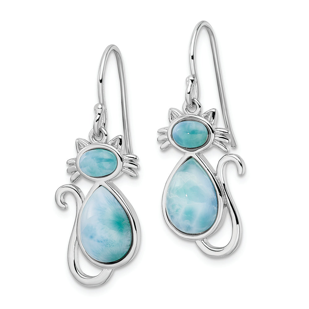 Sterling Silver Rhodium-plated Polished Larimar Cat Dangle Earrings Earrings