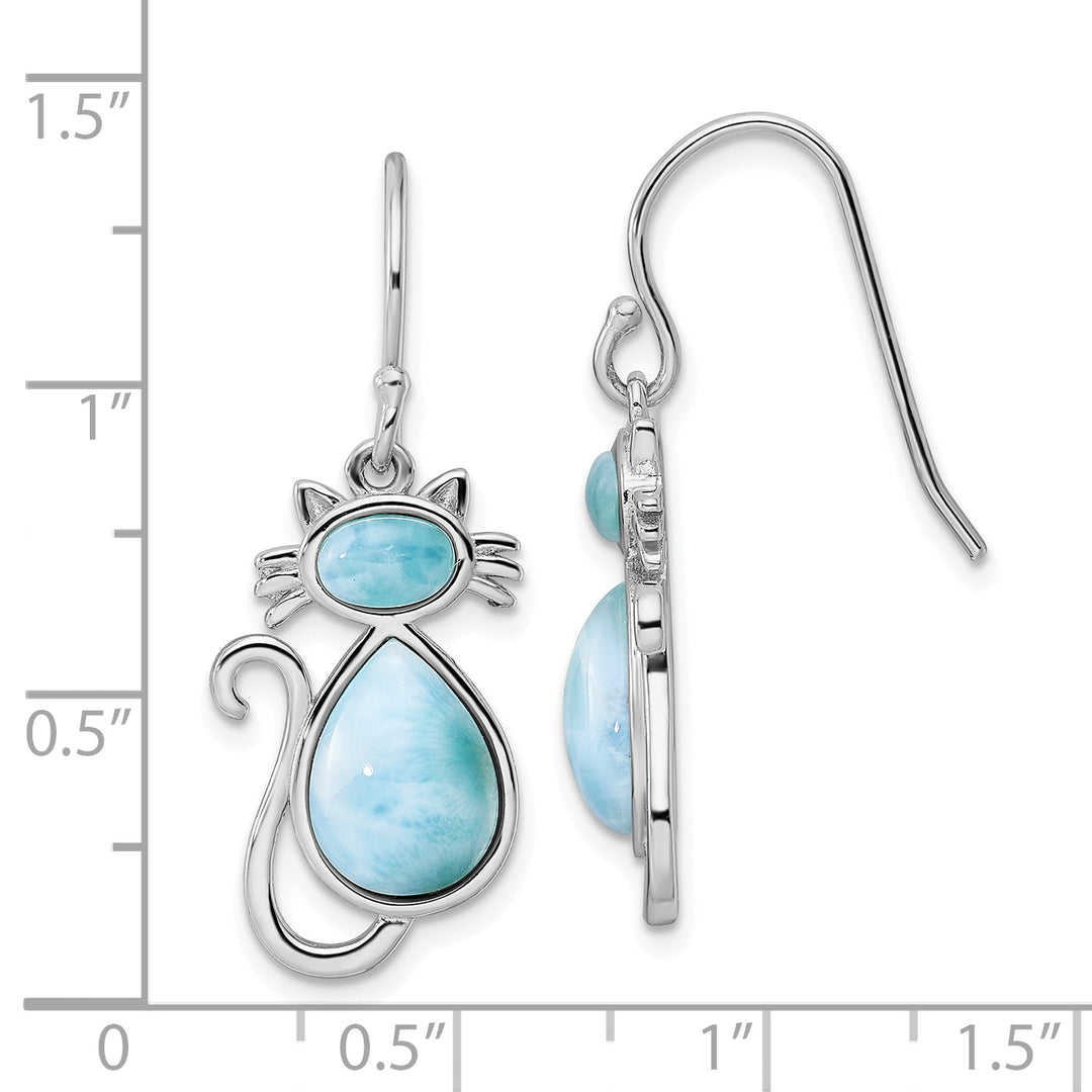 Sterling Silver Rhodium-plated Polished Larimar Cat Dangle Earrings Earrings