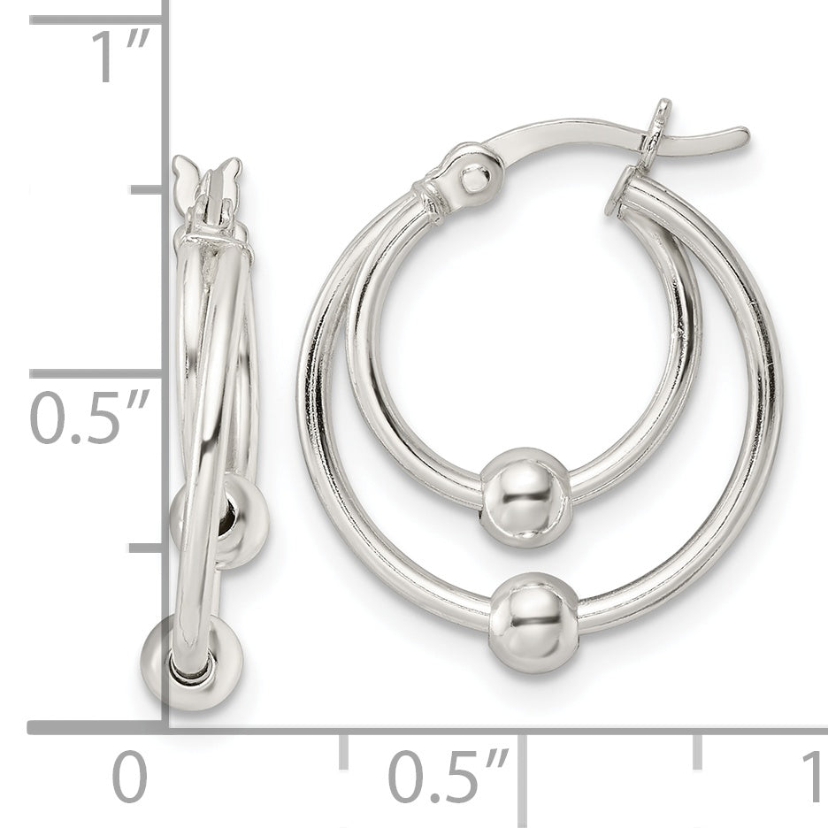 Sterling Silver Polished Double Circle Beaded Hoop Earrings Earrings