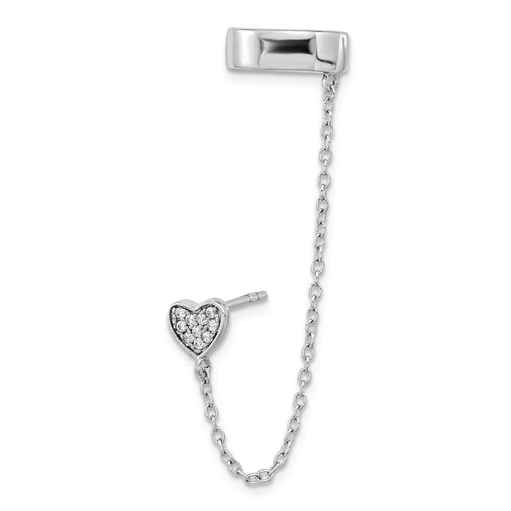 Sterling Silver RH-plated CZ Heart w/ 2in Chain Single Post & Cuff Earrin Earrings