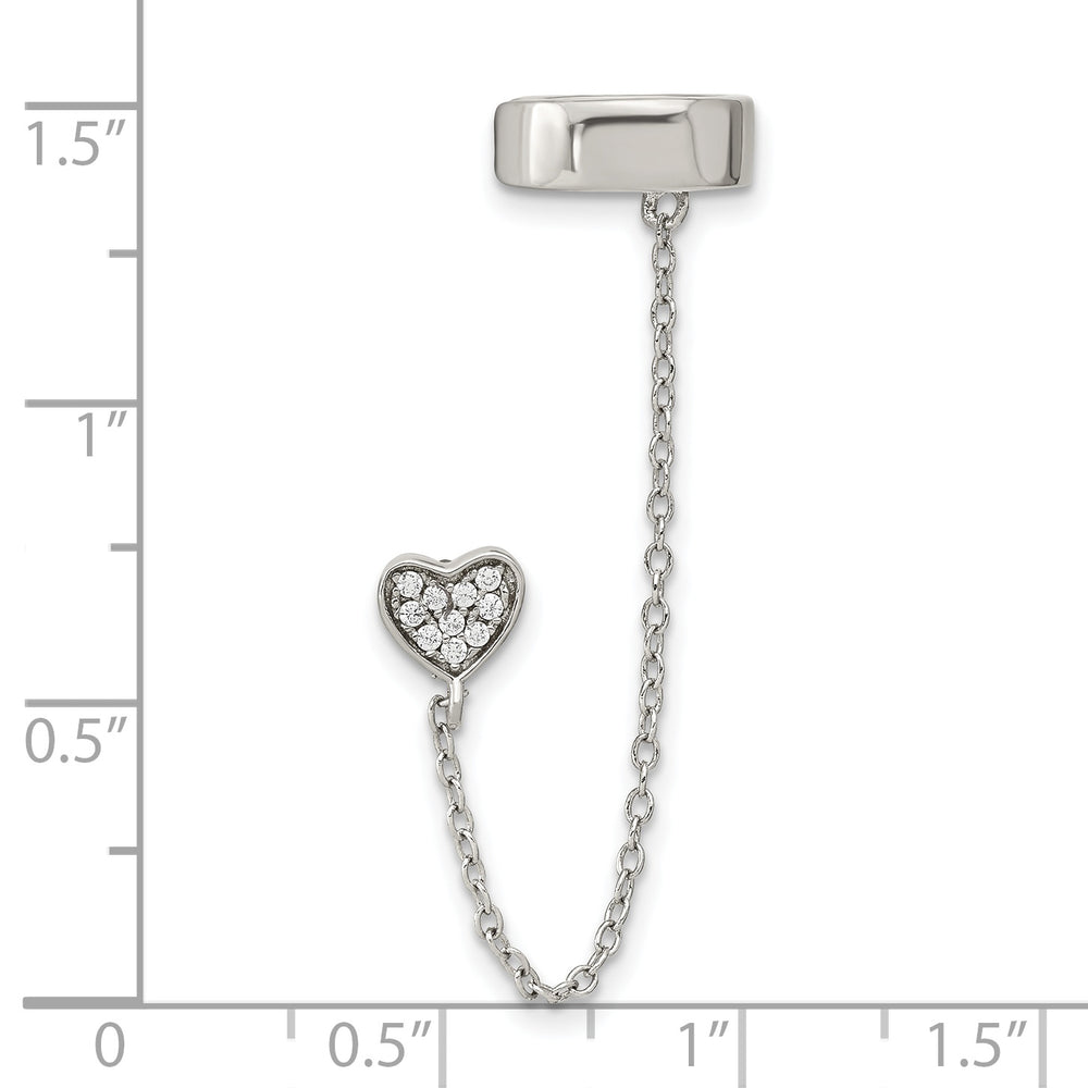 Sterling Silver RH-plated CZ Heart w/ 2in Chain Single Post & Cuff Earrin Earrings