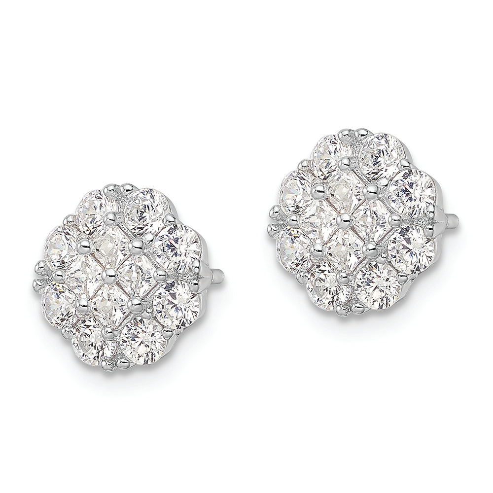 Sterling Silver Rhodium-plated Polished CZ Cluster Flower Post Earrings Earrings