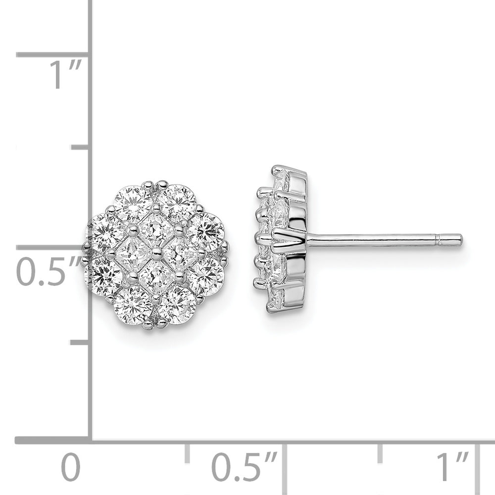 Sterling Silver Rhodium-plated Polished CZ Cluster Flower Post Earrings Earrings