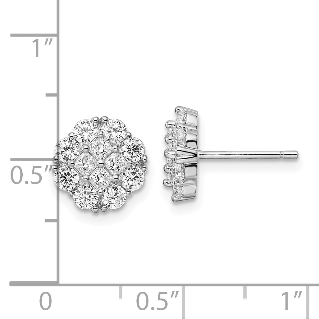 Sterling Silver Rhodium-plated Polished CZ Cluster Flower Post Earrings Earrings