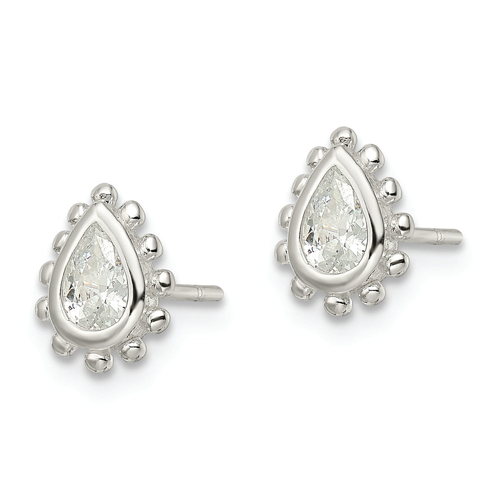 Sterling Silver Polished & Beaded Edge Pear CZ Post Earrings Earrings