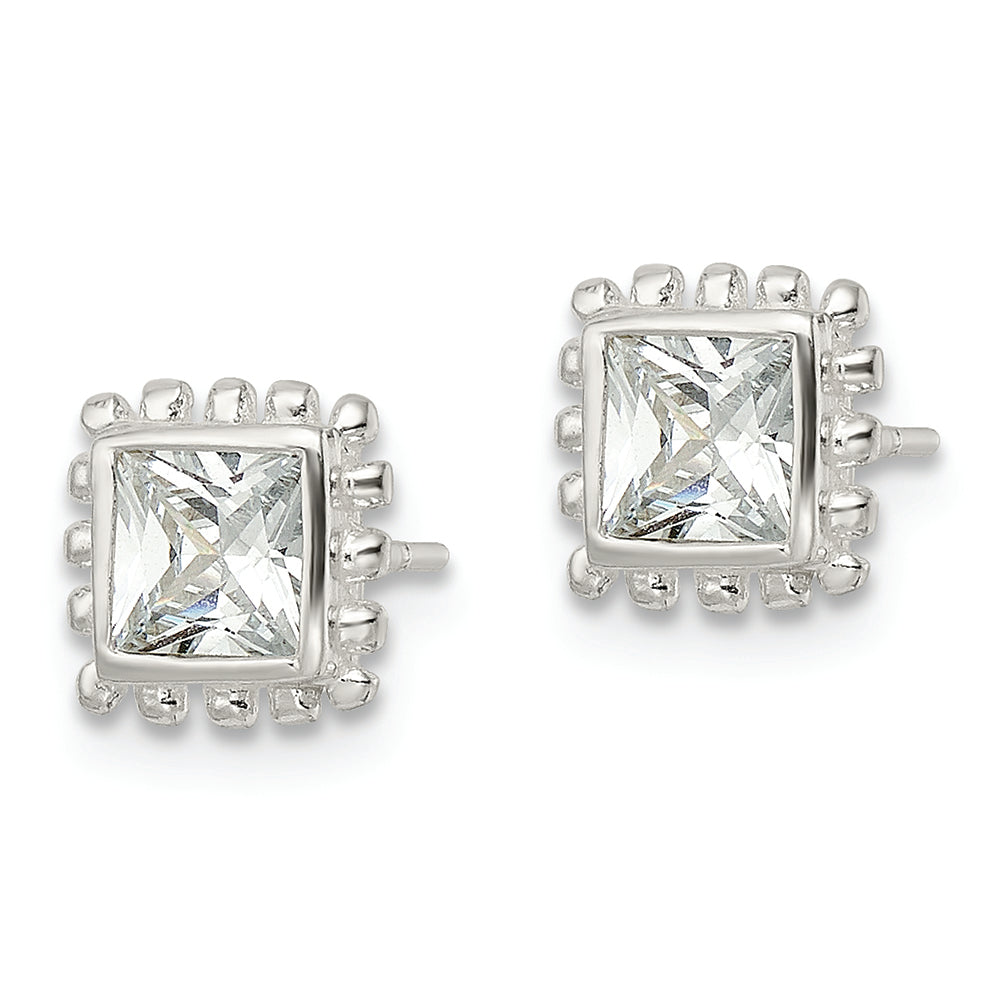 Sterling Silver Polished & Beaded Edge Square CZ Post Earrings Earrings