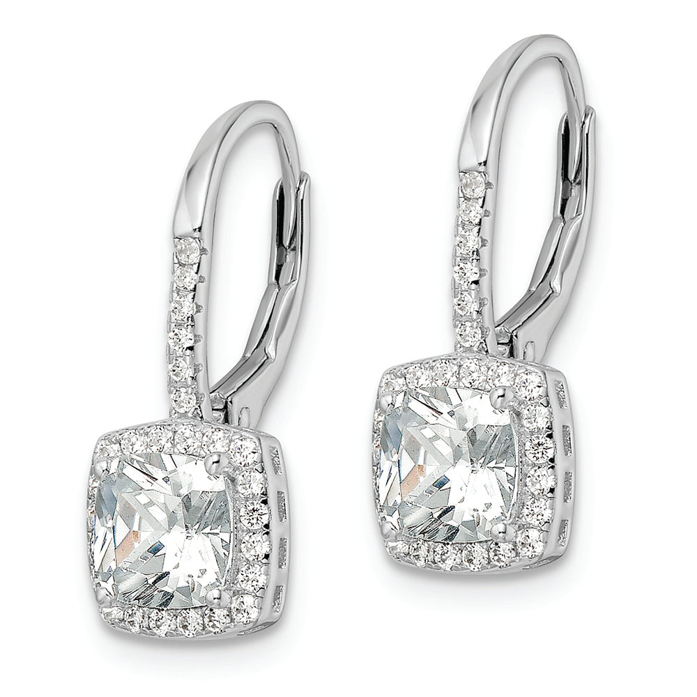 Sterling Silver RH-plated Polished Princess Cut CZ Halo Leverback Earrings Earrings