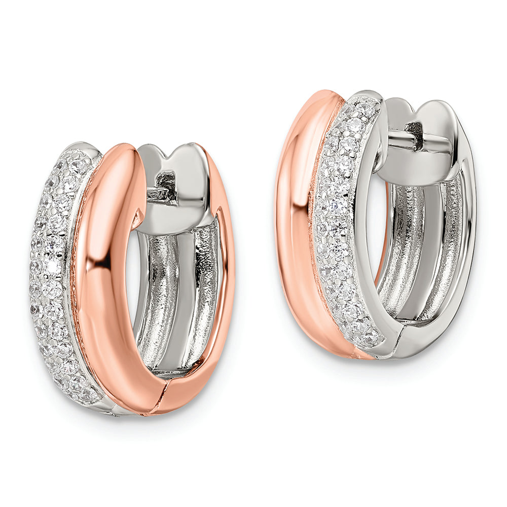 Sterling Silver Rose-tone Polished Pave CZ Hinged Hoop Earrings Earrings