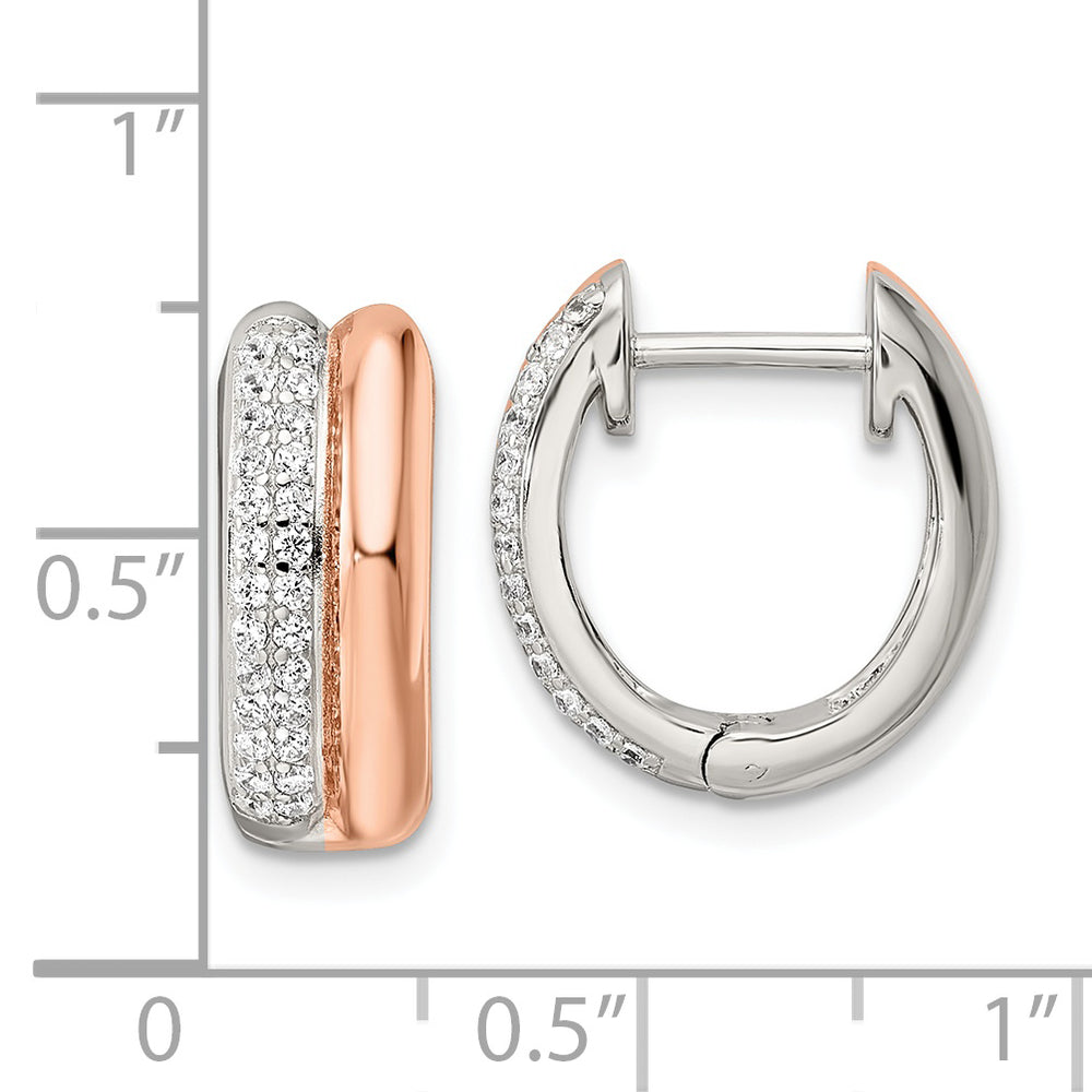 Sterling Silver Rose-tone Polished Pave CZ Hinged Hoop Earrings Earrings