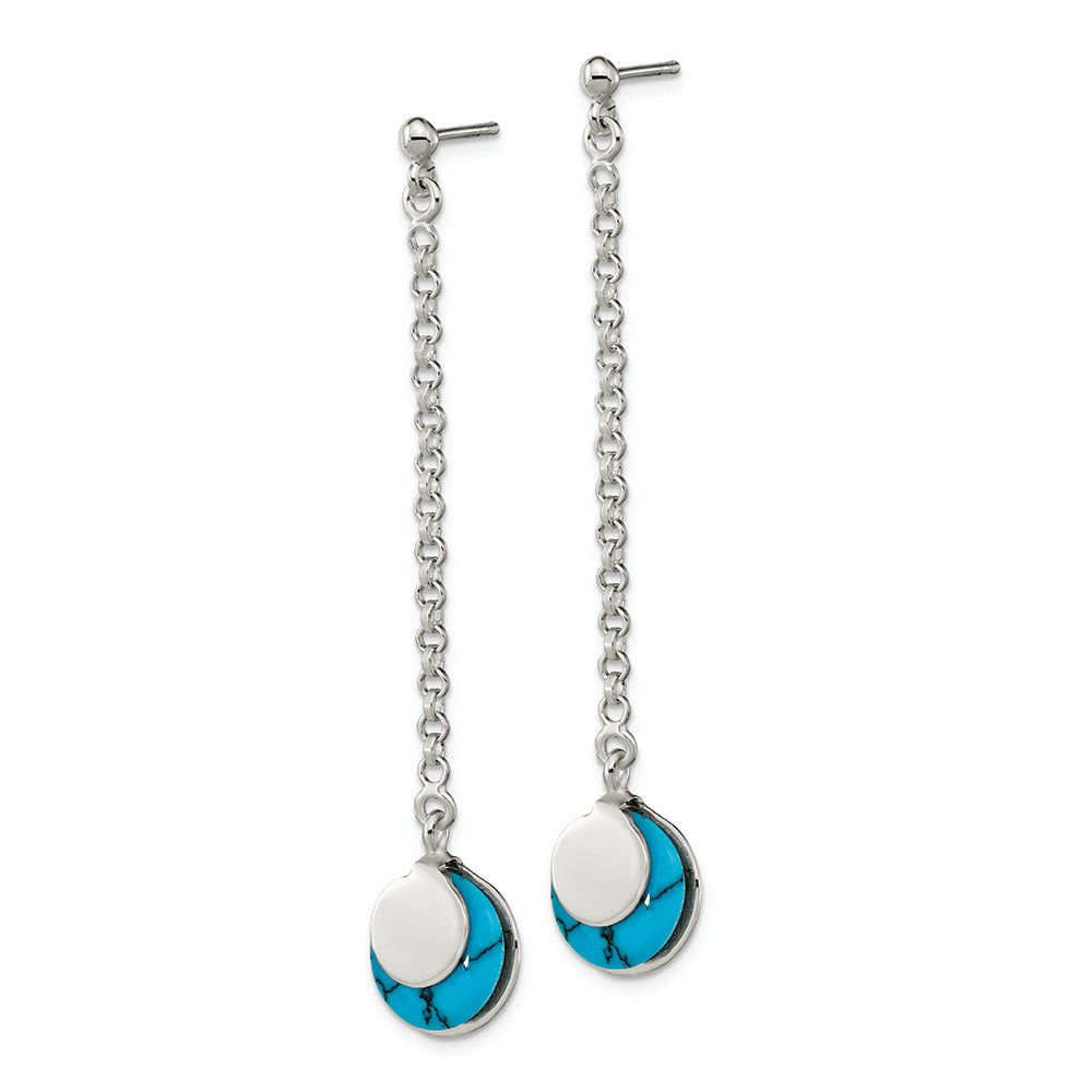 Sterling Silver Polished Reconstituted Turquoise Chain Dangle Post Earrings Earrings