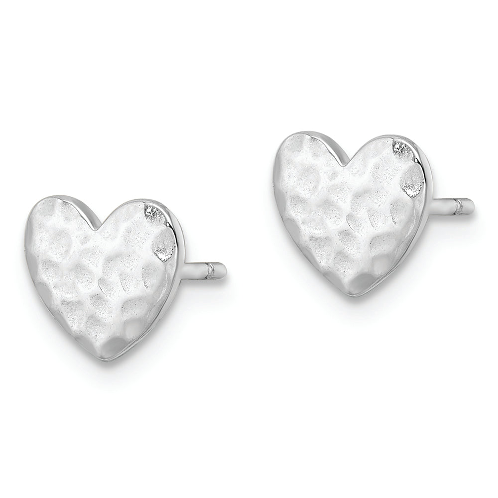 Sterling Silver Rhodium-plated Polished Hammered Heart Post Earrings Earrings