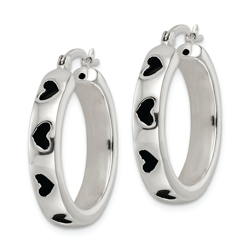 Sterling Silver Polished Black Enameled Hearts Circle Hoop Earrings Earrings