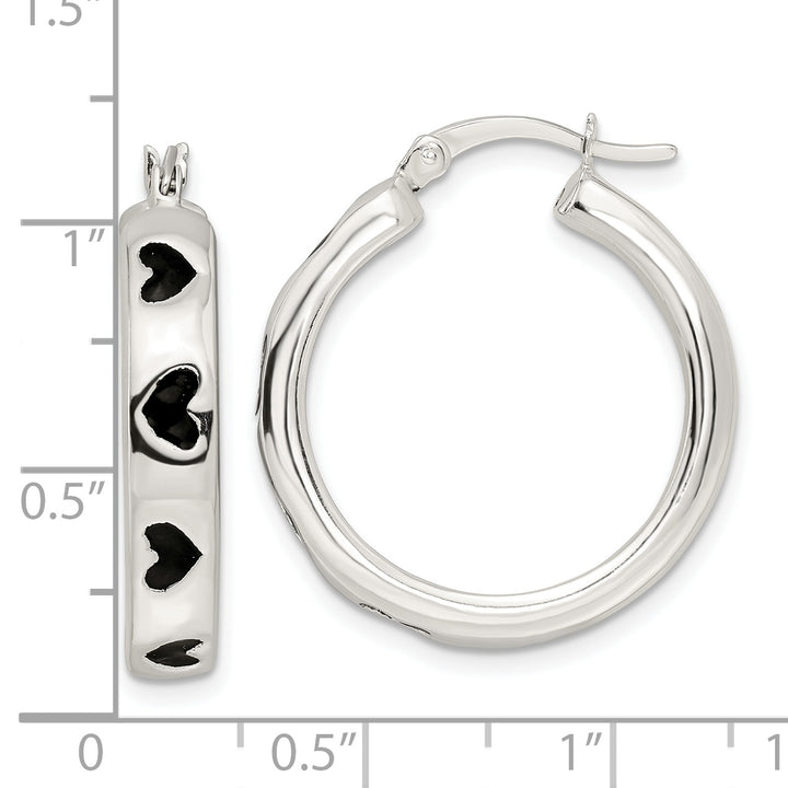 Sterling Silver Polished Black Enameled Hearts Circle Hoop Earrings Earrings