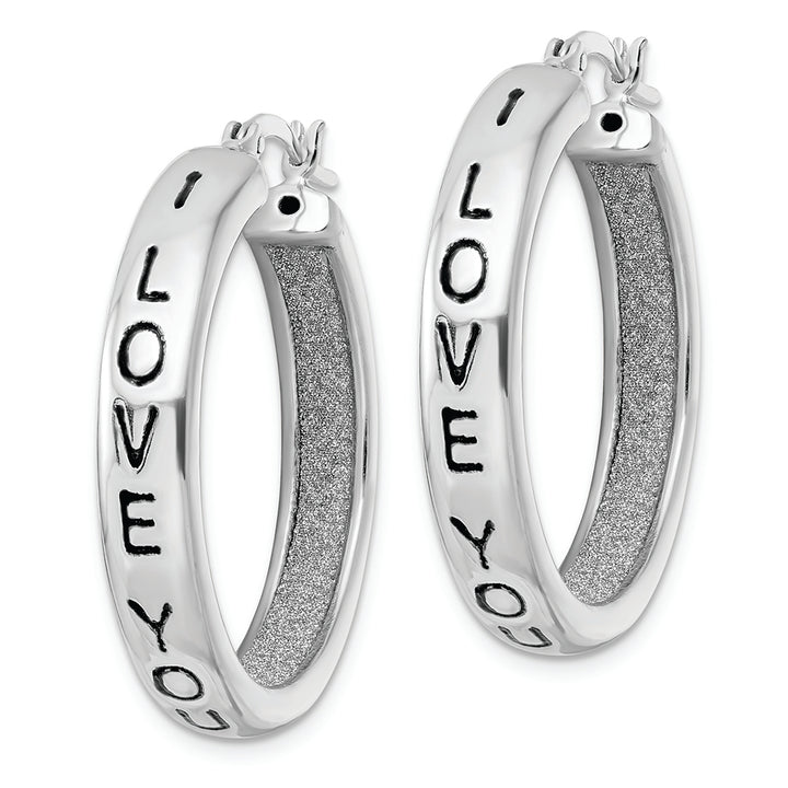 Sterling Silver Rhodium-plated Fabric Glitter I Love You Hoop Earrings Earrings