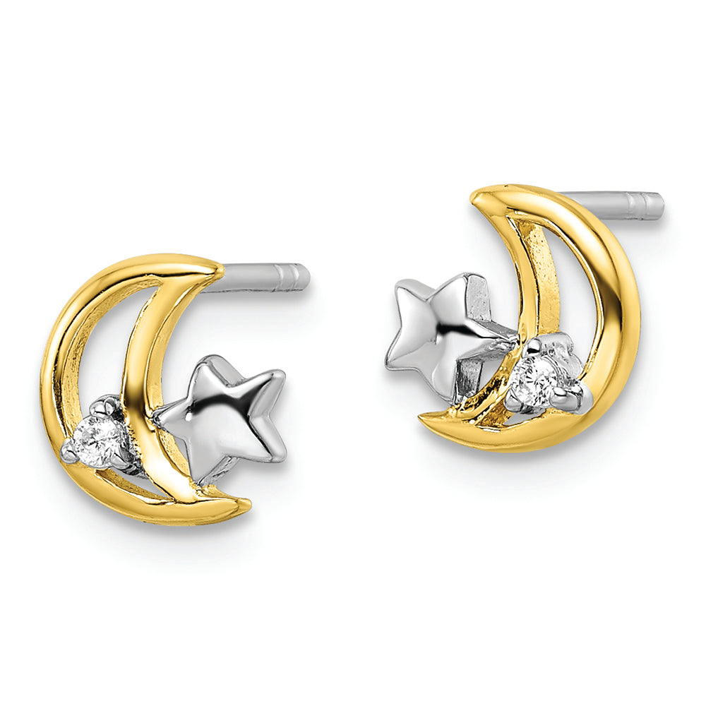 Sterling Silver RH-plated & Gold-plated Star and Moon CZ Post Earrings Earrings