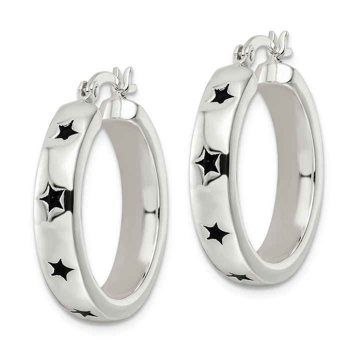 Sterling Silver Polished Black Enamel Star Circle Hoop Earrings Earrings