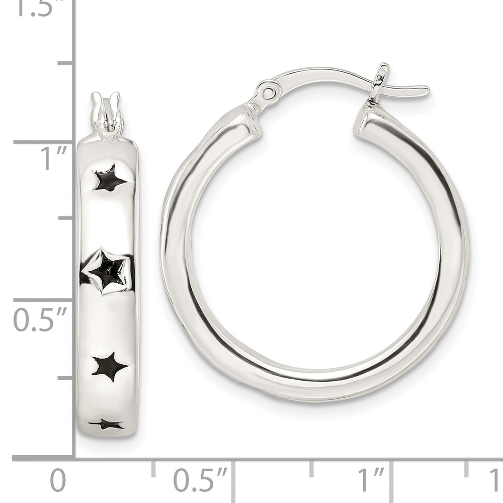 Sterling Silver Polished Black Enamel Star Circle Hoop Earrings Earrings