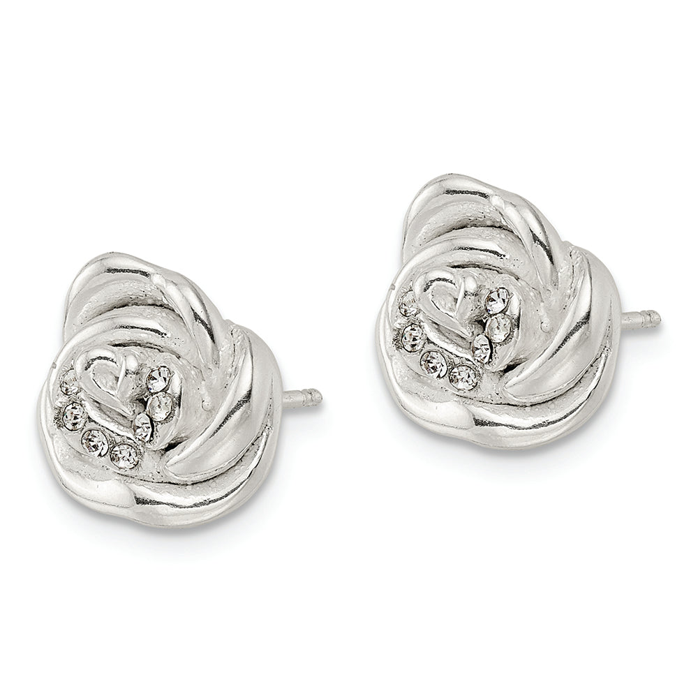 Sterling Silver Polished & Lasered Crystal Rose Post Earrings Earrings