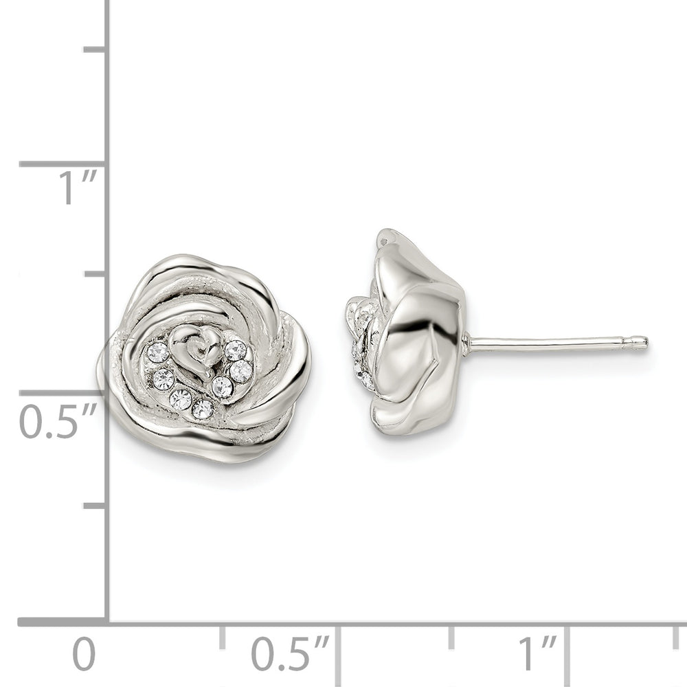 Sterling Silver Polished & Lasered Crystal Rose Post Earrings Earrings