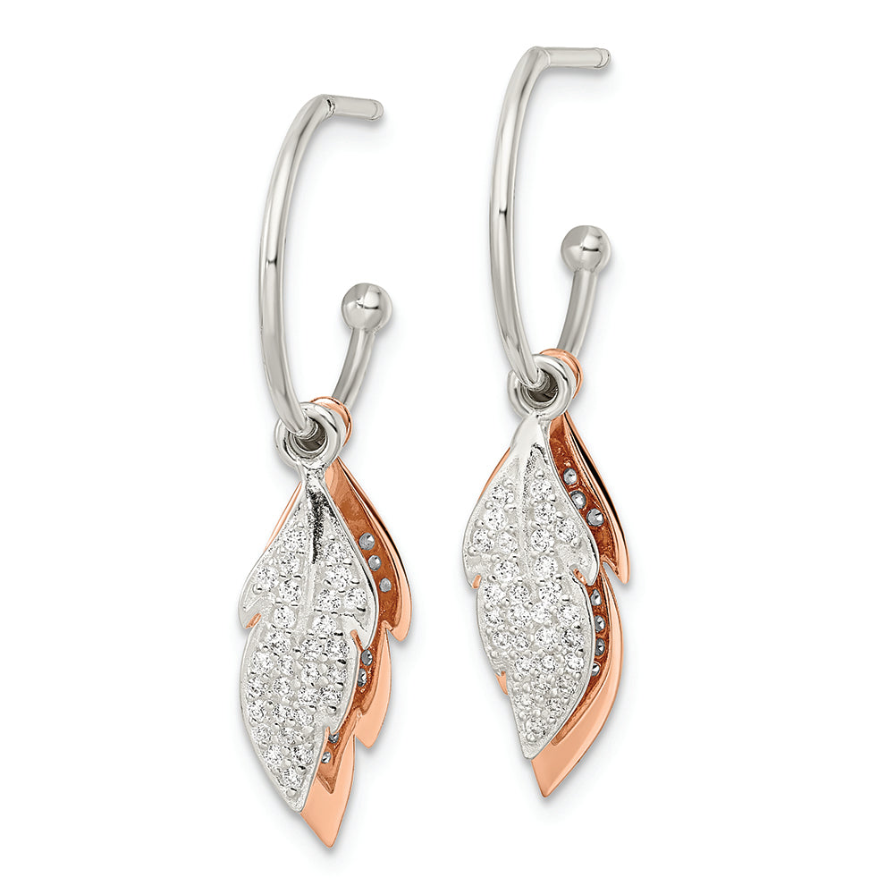 Sterling Silver Rose-tone Leaves CZ Hoop Post Earrings Earrings