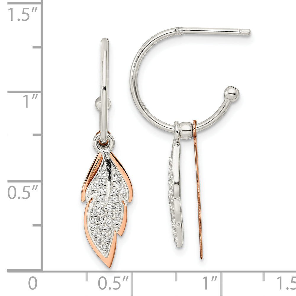 Sterling Silver Rose-tone Leaves CZ Hoop Post Earrings Earrings