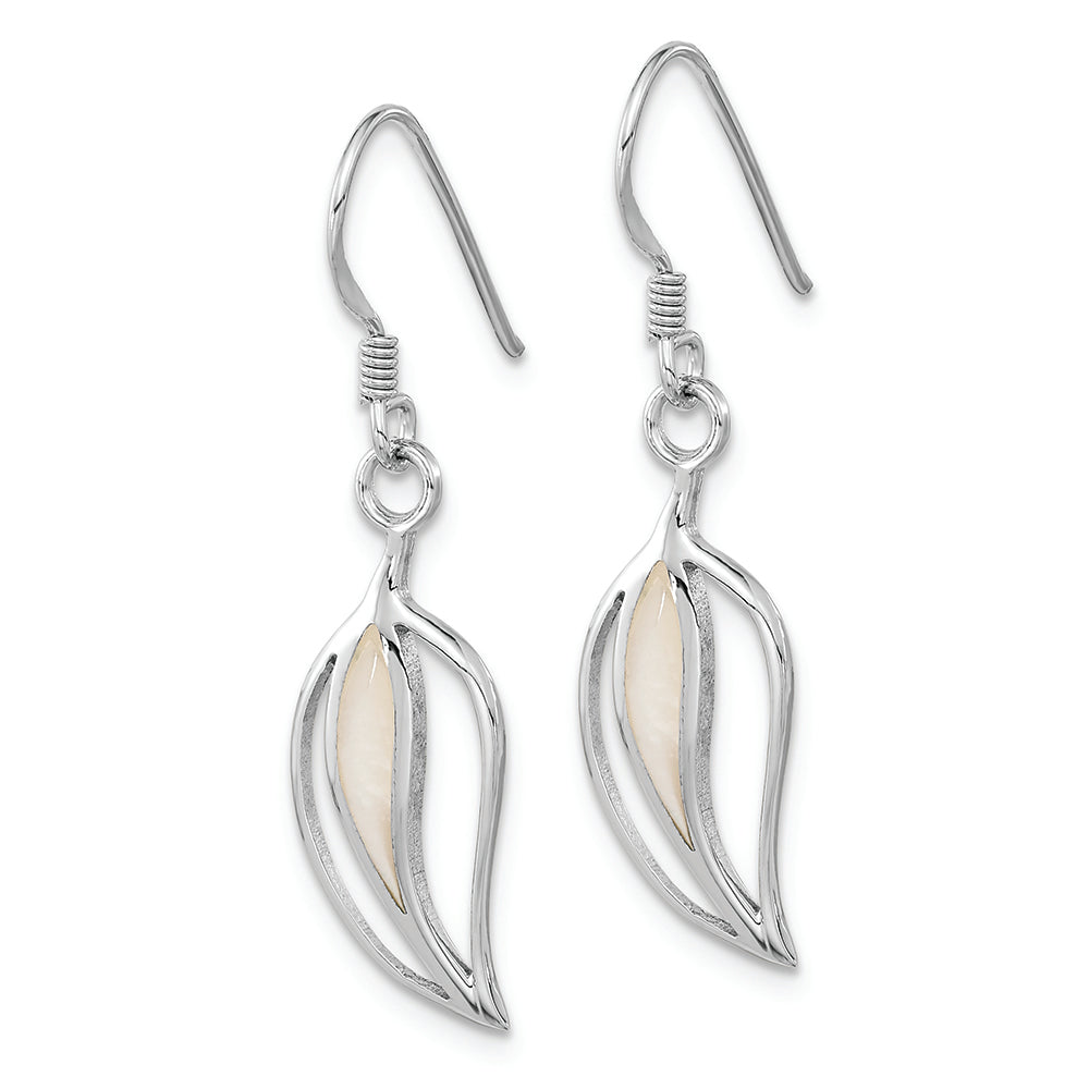 Sterling Silver Rhodium-plated Polished MOP Leaf Shepherds Hook Earrings Earrings