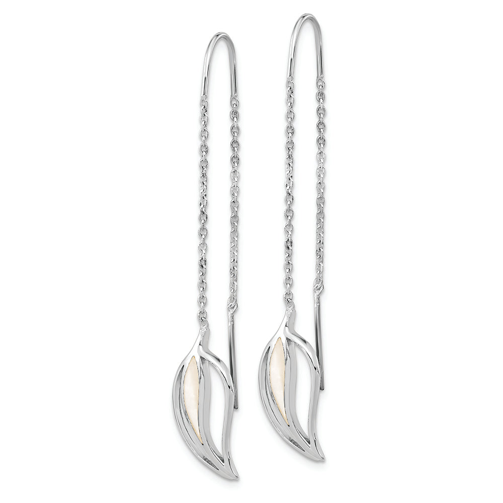 Sterling Silver Rhodium-plated Polished MOP Leaf Threaded Earrings Earrings