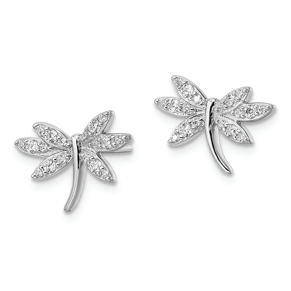 Sterling Silver Rhodium-plated CZ Dragonfly Post Earrings Earrings