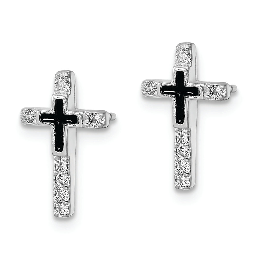 Sterling Silver RH-plated Enamel CZ Cross Post Earrings Earrings