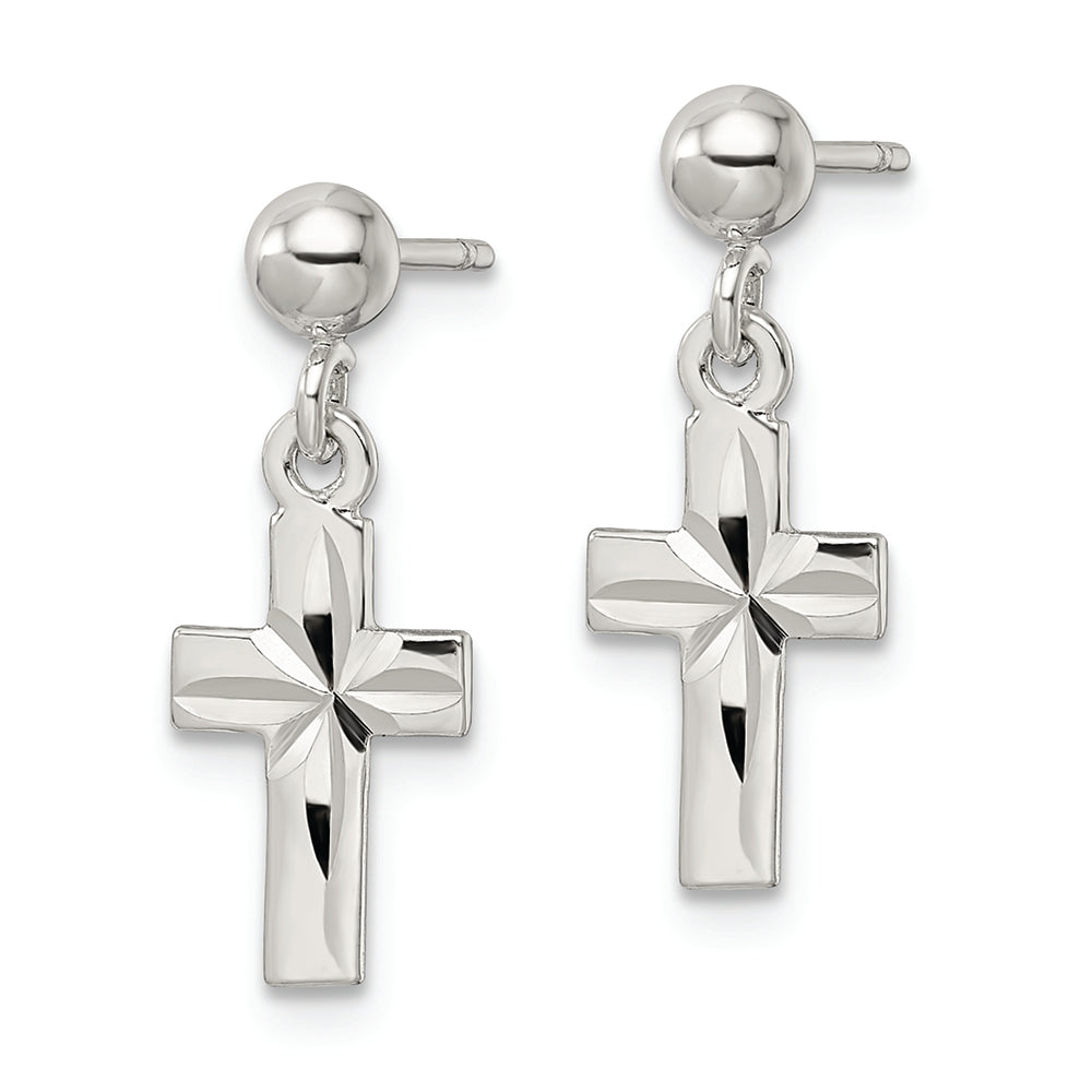 Sterling Silver Polished and D/C Latin Cross Post Dangle Earrings Earrings